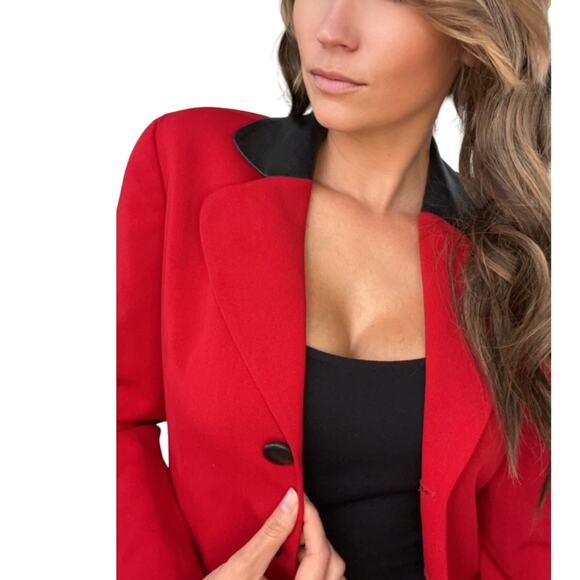Marie Clair Fiala Women Vintage Classic Red Button Front Blazer Leather Collar - Picture 5 of 12